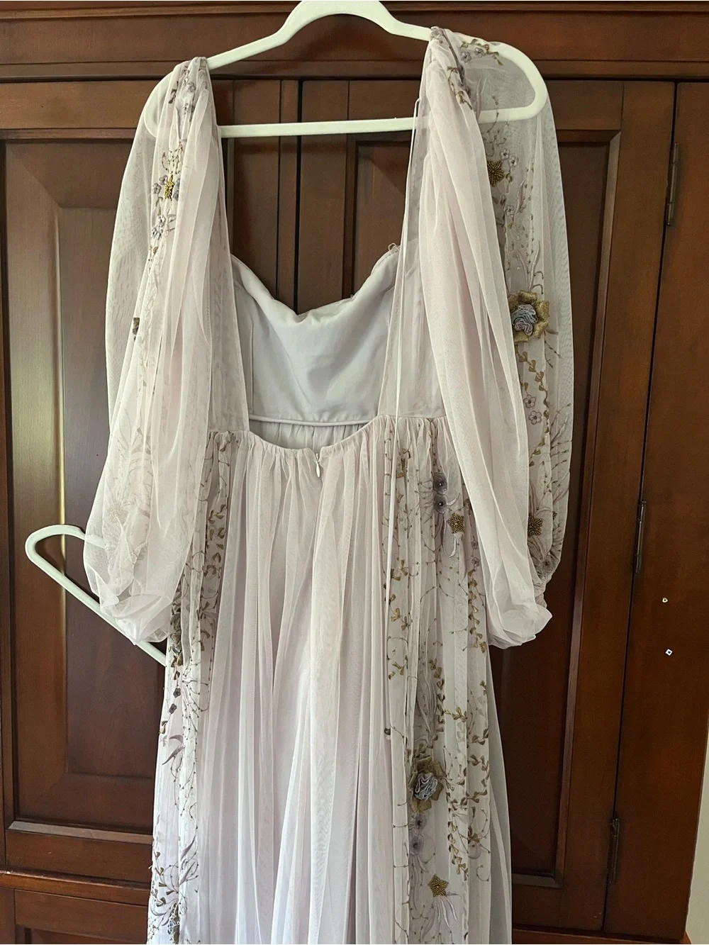 Anthropologie Dusty Rose Floral Embroidered Puff-Sleeve Gown - Picture 6 of 7
